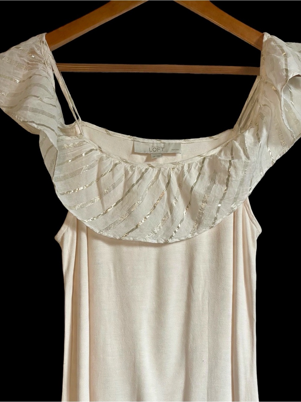 LOFT Petites Ivory Metallic Stripe Ruffle Off Shoulder Top MP